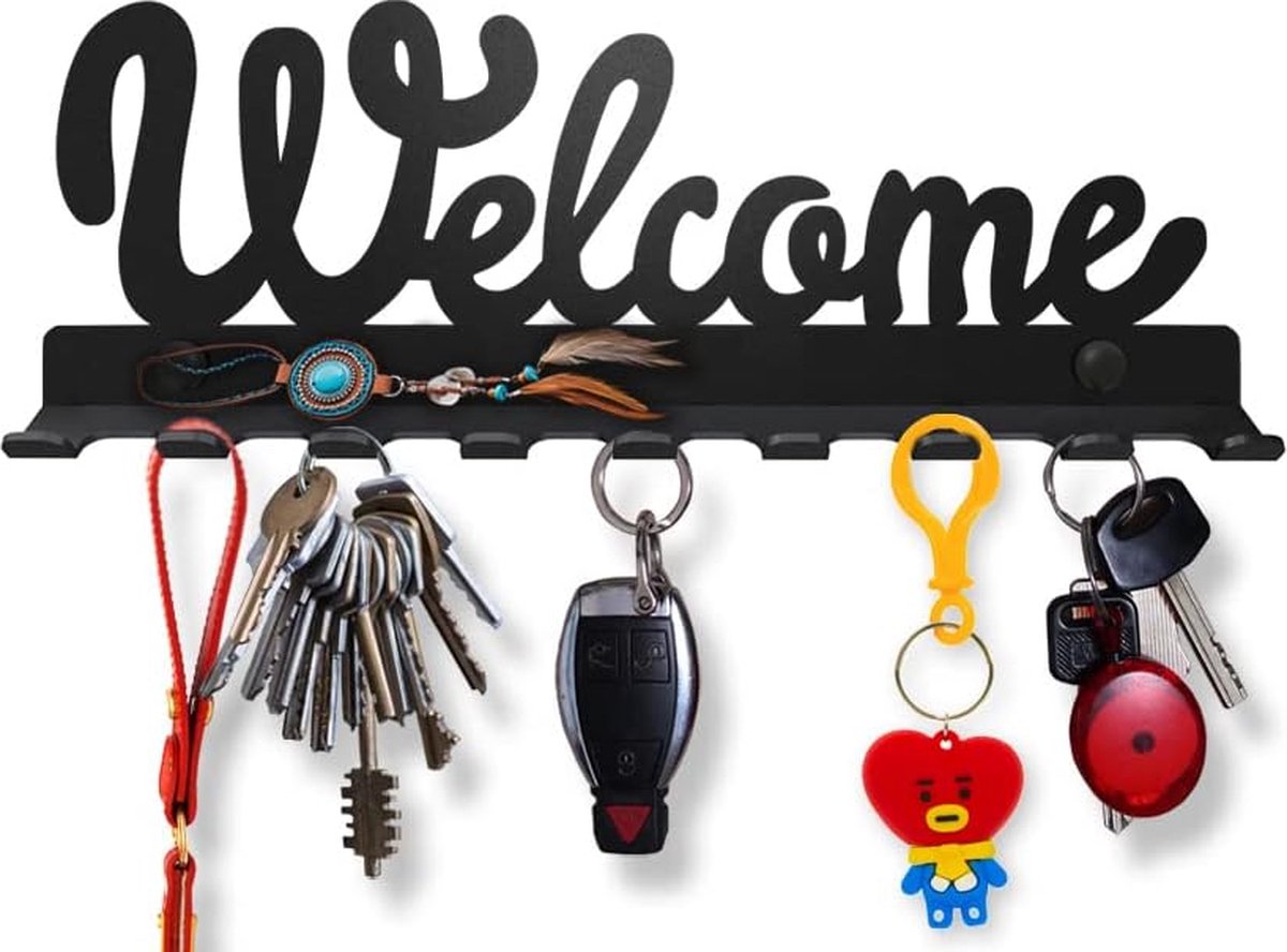 Welcome Sleutelbord met legplank aan de muur gemonteerd sleutelbord van metaal voor entree, keuken en kantoor (9 haken), rustiek sleutelbord, haaklijst, decoratieve hanger