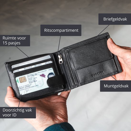 Portefeuille noir en cuir ouvert avec cartes, carte d'identité, billets et poche à monnaie. Espace pour 15 cartes, compartiment zippé, poche transparente pour pièce d'identité.