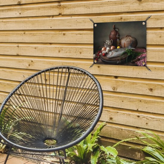 Décoration de Jardin Rustique - Poisson - Nature morte - Légumes - Herbes - 40x30 cm - Toile de jardin - Affiche extérieure