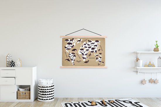 Affiche scolaire - Wereldkaart - Sépia - Animaux - 150x100 cm - Lattes vierges