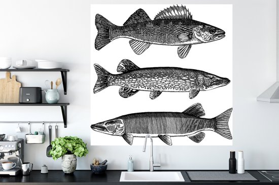 Sticker Muursticker Illustration Pêche - trois poissons - 120x120 cm - film adhésif autocollant - sticker mural repositionnable XXL /