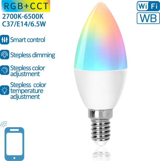 Aigostar - Aigosmart WiFi LED Lamp - E14 6,5W C37- RGB+CCT alle lichtkleuren - Bediening met de App