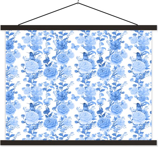 Posterhanger incl. Poster 150x113 cm - Schoolplaat - Bloemen - Rozen - Blauw - Textielposter - Zwarte latten