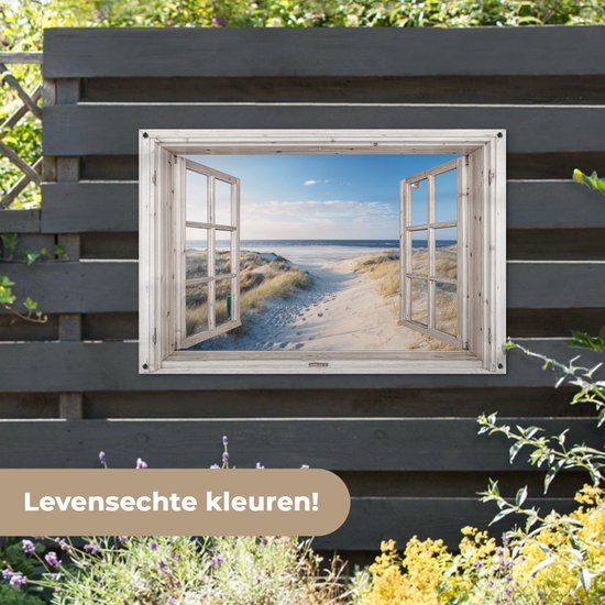 Tuindecoratie doorkijk - Strand - Zee - 120x80 cm - Tuin - Schutting decoratie - Tuinposter - Schuttingdoek - Buitenposter - Tuinversiering - Balkon decoratie - Tuinschilderij