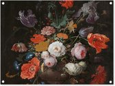 Tuinschilderij Stilleven met bloemen en een horloge - Schilderij van Abraham Mignon - 80x60 cm - Tuinposter - Tuindoek - Buitenposter