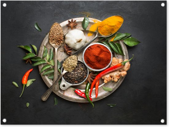 Tableau jardin Herbes - Assiette - Poivre - Zwart - Cuillères - Argent - 80x60 cm - Affiche jardin - Toile jardin - Affiche extérieur