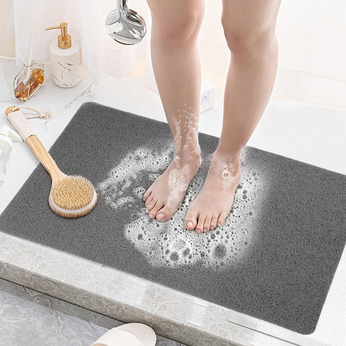 Antislip douchemat, 60 x 60 cm, zachte luffa anti-schimmel PVC badmat voor douchecabine badkamer, grijs