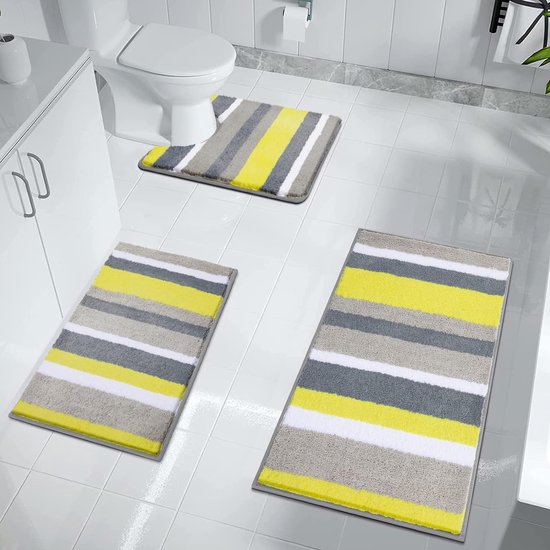 Antislip badmatset, 3-delig, zachte microvezel, absorberend, machinewasbaar, badmat voor badkamer en woonkamer (geel)