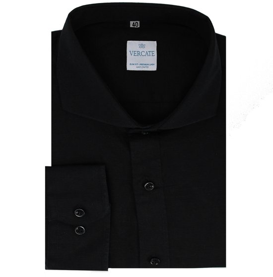 Vercate - Heren Lange Mouwen Overhemd - Zwart - Slim-Fit - Linnen Rayon - Maat 42/L
