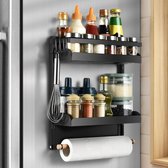 Magnetisch rek voor koelkast, kruidenrek, magnetisch, 2 etages, verstelbaar koelkastrek met 4 afneembare haken en papieren handdoekhouder voor keuken, koelkast, hangrek