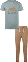 Koko Noko - Kledingset - 2delig - Joggingbroek Sweat Pants Bruin - Shirt Lichtblauw met print - Maat 92