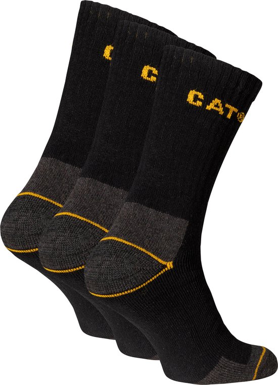 Drie zwarte CAT werksokken met gele logo en grijze versteviging bij hiel en teen.
