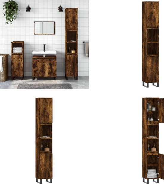 Badkamerwandkast 30x30x130cm bewerkt hout artisanaal eikenkleur