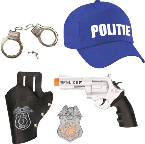 Foto: Carnaval verkleed politie agent pet cap blauw met pistool badge handboeien heren dames