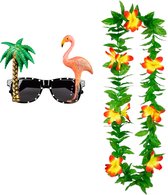 Tropische Hawaii party verkleed accessoires set - Funny zonnebril - en bloemenkrans groen/geel - voor volwassenen