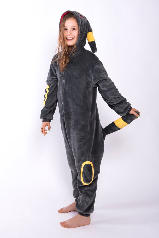 KIMU Onesie Umbreon Pak - Maat 116-122 - Zwart Kostuum Kinderen Jumpsuit Huispak Pyjama Monster Vos Konijn Hond Kat Fantasy Jongen Meisje Festival