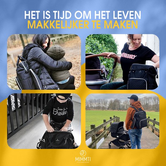 Collage van MIMMTI luiertas in gebruik: vrouw omhelst kind, vrouw bij kinderwagen, jongen opent tas, man bij kinderwagen in veld.