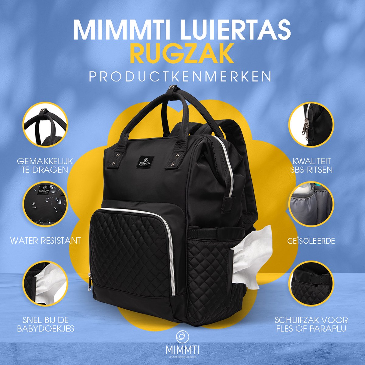 MIMMTI Luiertas Rugzak met Verschoonmatje Zwart Inclusief flessenwarmhouder . bol