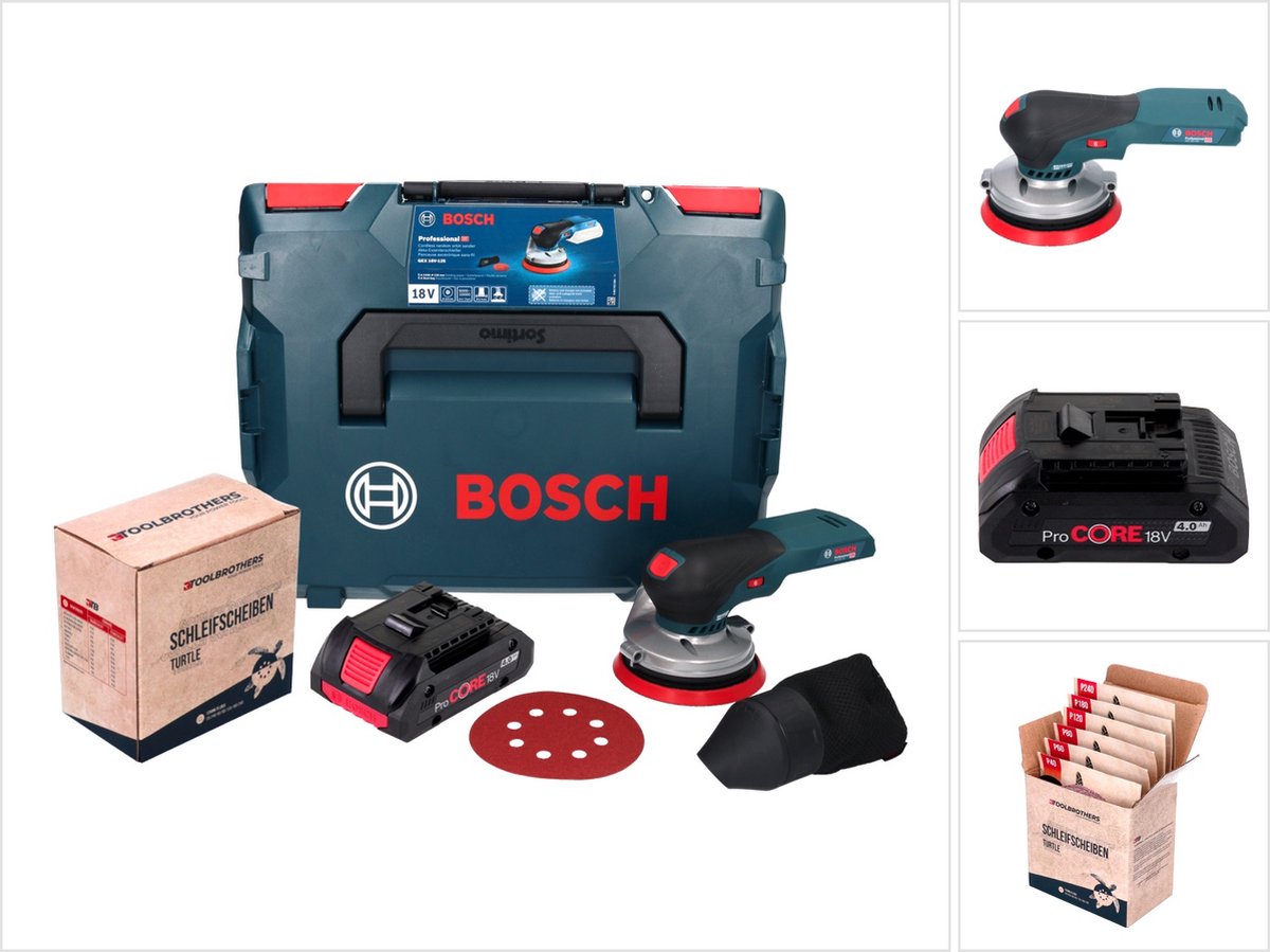 Bosch GEX 18V-125 Professional accu-excentrische schuurmachine 18 V 125 mm borstelloos + 1x Toolbrothers TURTLE schuurset + 1x ProCORE accu 4,0 Ah + L-BOXX - zonder oplader