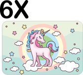 BWK Flexibele Placemat - Getekende Roze Eenhoorn - Wolken - Regenboog - Set van 6 Placemats - 45x30 cm - PVC Doek - Afneembaar