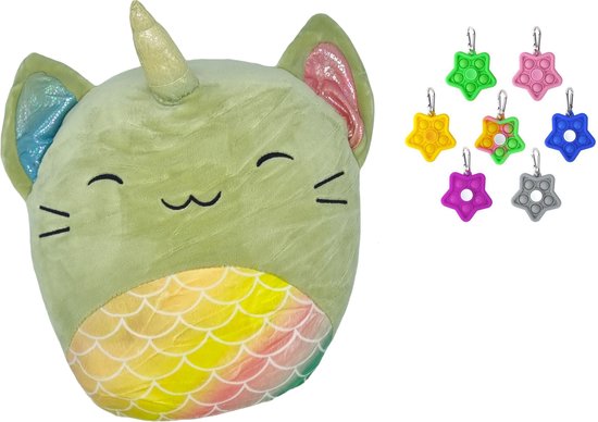 Happy shop Store - Squish Kussen Knuffel Poes/Kat Rainbow Groen Unicorn - Squishy Super Soft + Fidget Spinner Pop it Ster - duo voordeel - cadeau gift set - Premium Quality - Fidget 2024 en Knuffel Kawaii In 1 set