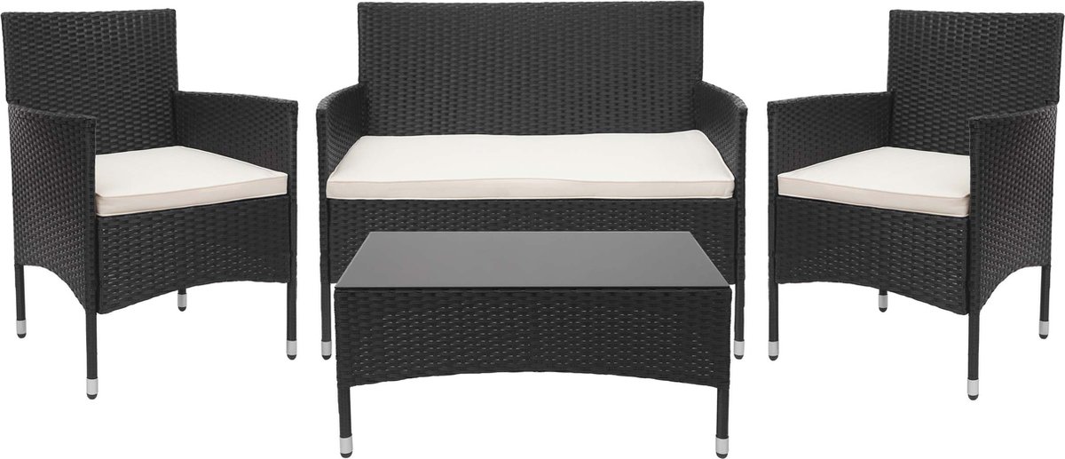 Poly-rattan set MCW-F55, balkon/tuin/lounge set Zitgroep ~ zwart, kussens crème