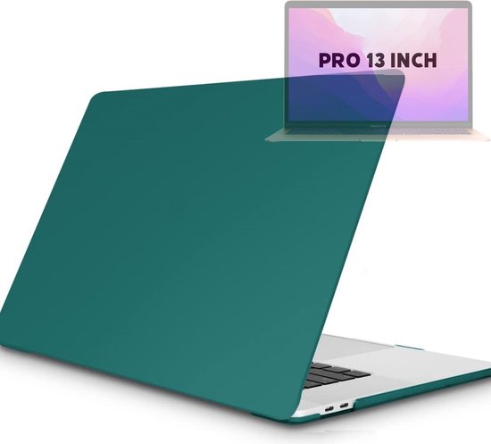 Housse vert foncé pour MacBook Pro sur un ordinateur portable, avec une vue transparente d'un écran 'PRO 13 INCH'.