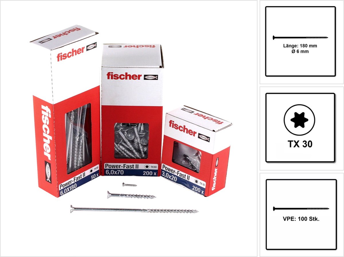 Fischer 100x Power-Fast II FPF II CTP 6 x 180 mm BC verzonken kop met binnenster TX30 deeldraad galvanisch verzinkt blauw gepassiveerd - 670465