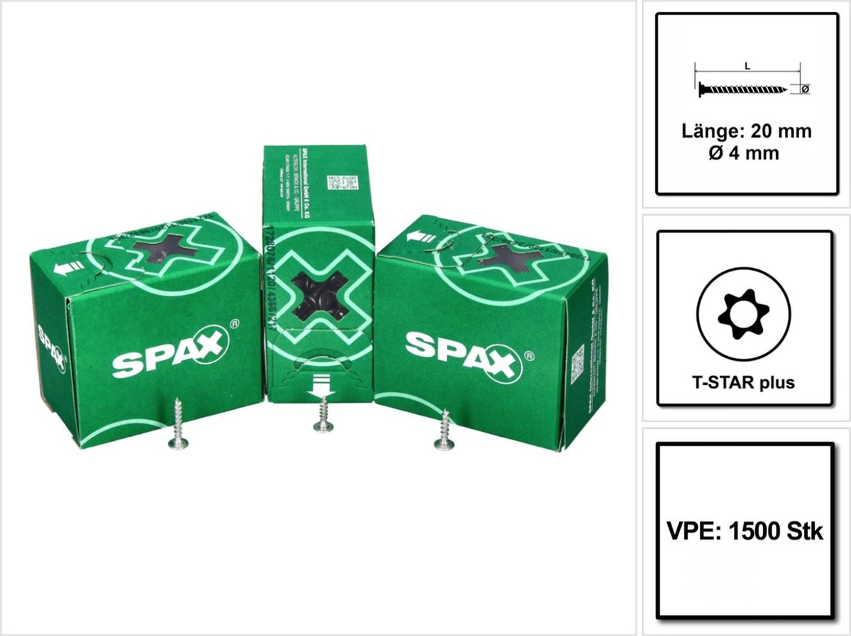 SPAX platte achterwandkopschroef 4,0 x 20 mm 1500 stuks (5x 0151010400203) Torx T-STAR Plus T20 voor achterwanden zonder lens, volschroefdraad, Wirox 4Cut
