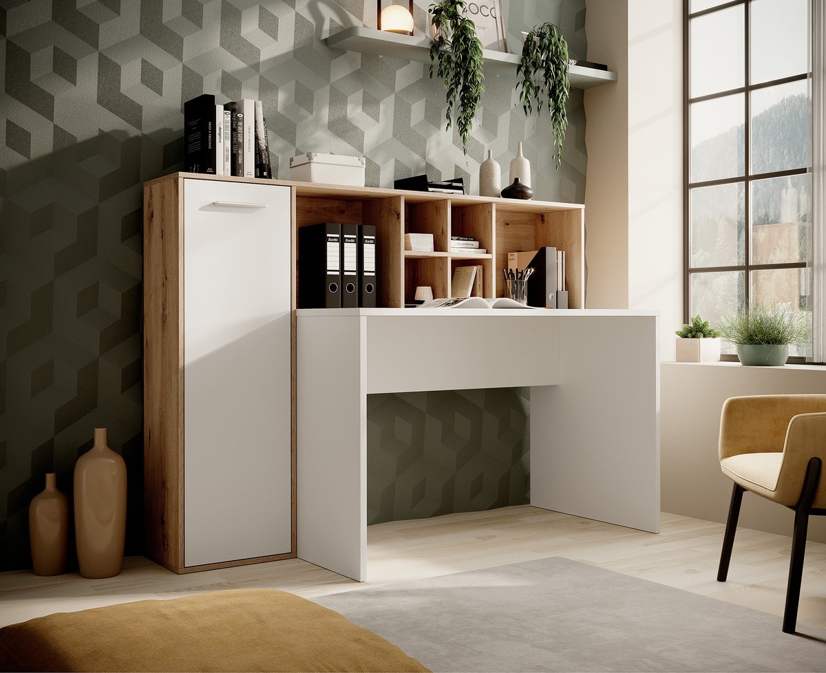 Meubella - Bureau Elze - Eiken - Wit - 158 cm