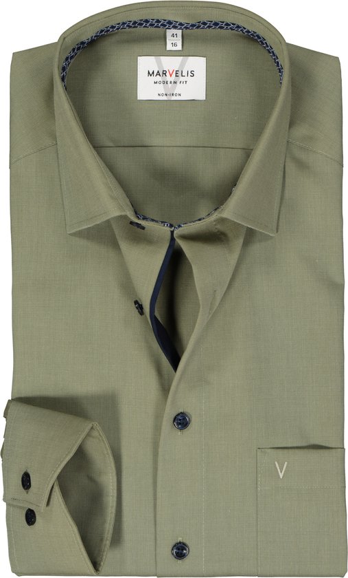 MARVELIS modern fit overhemd - structuur - olijfgroen - Strijkvrij - Boordmaat: 39