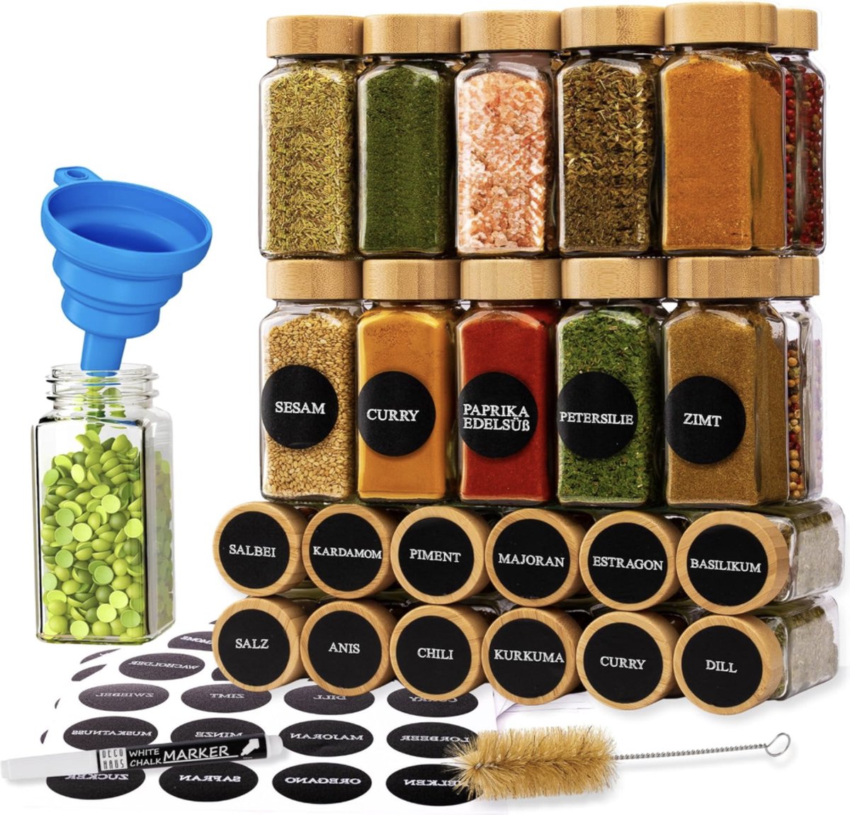 Set van 24 Kruidenpotjes met Schroefdeksel Kruidenkit met Labels Trechter Schoonmaakborstel Stift Passen in Onze 4 Kruidenrekken Lege Helder Glas Opberger & Strooier 120ml 10 5x4 3cm