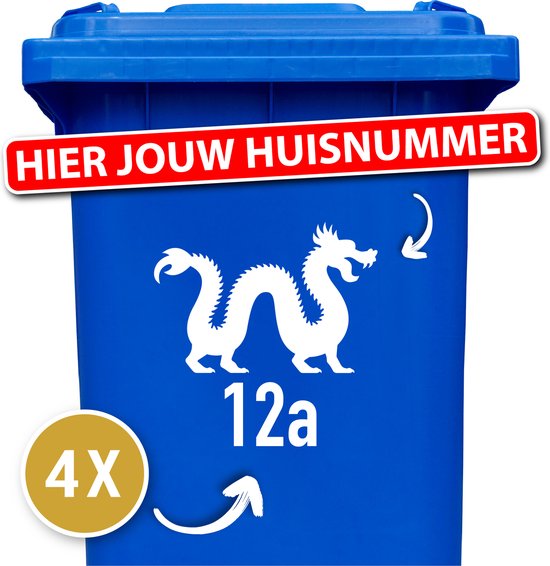 Container Sticker Huisnummer + Draak 4 Stuks - wit - 20 x 20 cm - kliko Sticker Voordeelset - Containerstickers - Weerbestendige Stickers - Stickers Buiten - klikostickers - Cijfer Sticker - Kliko Sticker Huisnummer - Kliko Sticker Dieren