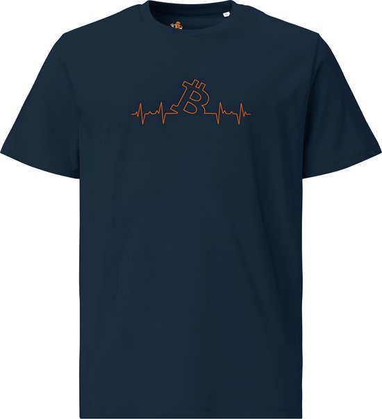 Bitcoin T-shirt Bitcoin Heart Beat - Unisex - 100% Biologisch Katoen - Kleur Marine Blauw - Maat 2XL | Bitcoin cadeau| Crypto cadeau| Bitcoin T-shirt| Crypto T-shirt| Crypto Shirt| Bitcoin Shirt| Bitcoin Merch| Crypto Merch| Bitcoin Kleding