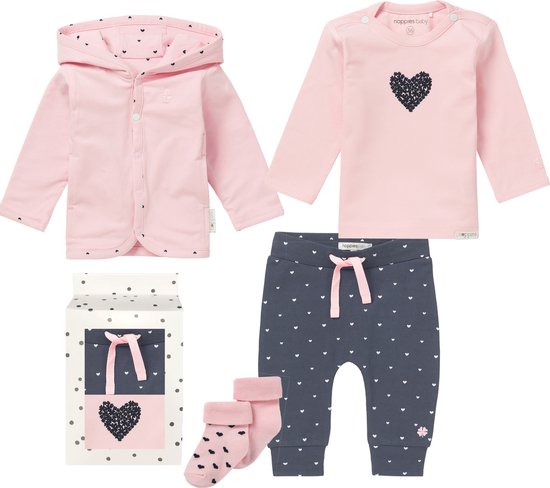 Noppies - Cadeaudoosje met Kledingset - 5 delig - Vest Novi roze - Broek Blauw - Shirt Roze met hart - 2 paar sokjes - Maat 62