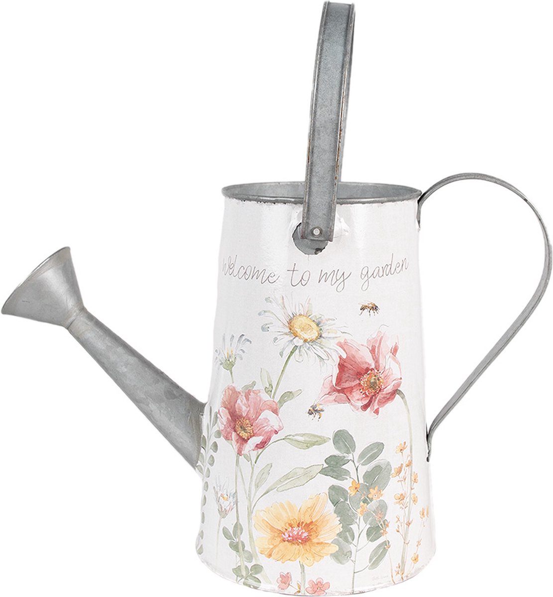 Clayre & Eef Decoratie Gieter 36x17x25 cm Wit Metaal Bloemen WELCOME TO MY GARDEN