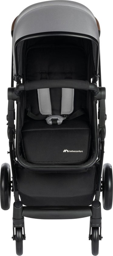 Vooraanzicht van een zwarte kinderwagen met grijze riempjes en een 'bebeconfort' logo.