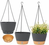 3 stuks hangende plantenbakken, 25 cm, plastic hangpot voor planten, bloempot hangend met drainagegaten, afneembare onderzetter, decoratie, voor balkon en tuin, grijs-zwart