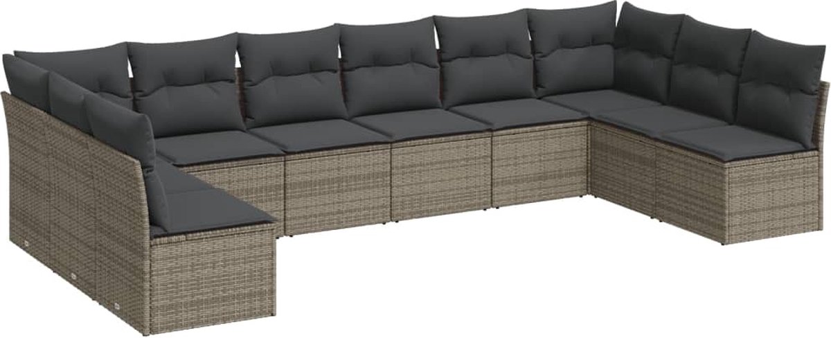 VidaXL 10-delige Loungeset met kussens poly rattan grijs