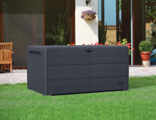 Duramax Durabox 270L/71 Gallon Opbergbox, Houtnerf Textuur, Tuinmeubel Opslag, Veilig & Zeker, Met Wielen en Handgrepen, Patio Kussen Opbergbox, Warm Taupe