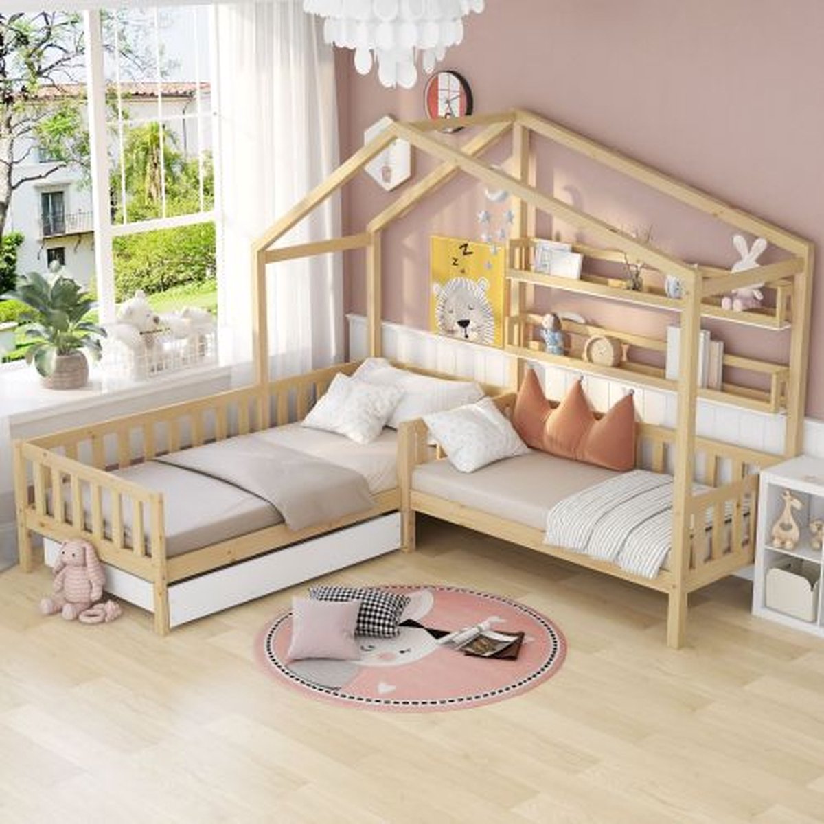 Huisbed Kinderbed huisbed met lades en planken-massief hout met hek en lattenbodem- L-structuur, naturel (90x200 cm+140x70cm) natuurlijk