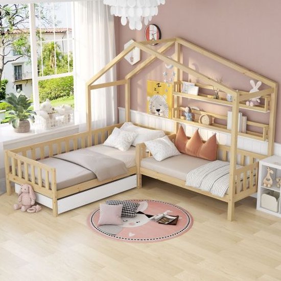 Kinderbed huisbed met lades en planken-massief hout met hek en lattenbodem- L-structuur, naturel (90x200 cm+140x70cm)