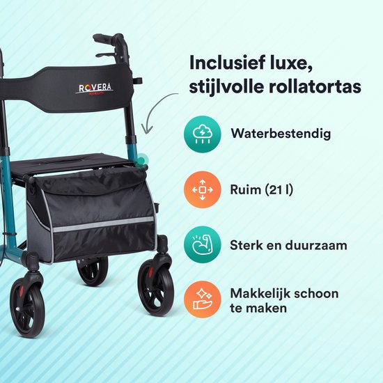 Groene rollator met een luxe, stijlvolle, waterbestendige tas.
