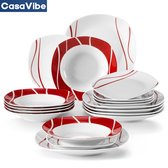 CasaVibe Serviesset – 18 delig – 6 persoons – Porselein - Luxe – Wit met Print - Rood– Bordenset – Dinner platen – Dessertborden - Felisa