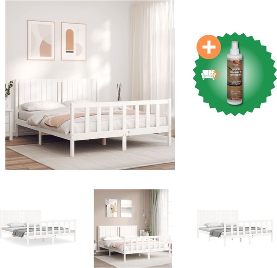 vidaXL Bedframe met hoofdbord massief hout wit 160x200 cm - Bed - Inclusief Houtreiniger en verfrisser