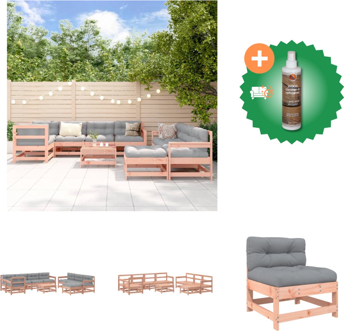 VidaXL Loungeset Massief douglashout Modulair design Grijs kussen 3x middenbank 5x tuinstoel 2x voetenbank salontafel Tuinset Inclusief Houtreiniger en verfrisser