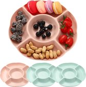 Snackborden met 5 vakken, 4 stuks snackschalen, plastic snackborden, fruitborden van kunststof, herbruikbaar, duurzaam voor noten, desserts (roze, groen)