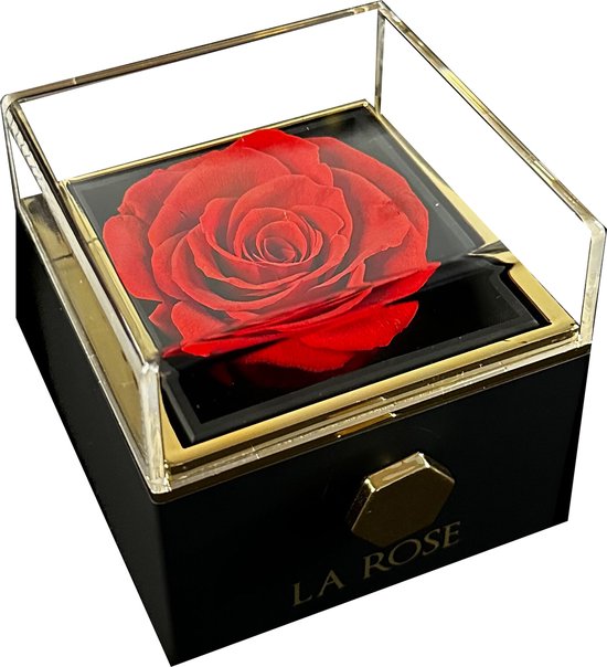 Zwarte juwelendoos met gouden accenten en een transparante deksel, met een rode roos eronder. Tekst 'LA ROSE'.