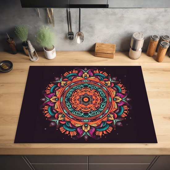 KitchenYeah® Inductie beschermer 77x59 cm - Mandala - Bloemen - Hippie - Boho - Oranje - Kookplaataccessoires - Afdekplaat voor kookplaat - Inductiebeschermer - Inductiemat - Inductieplaat mat