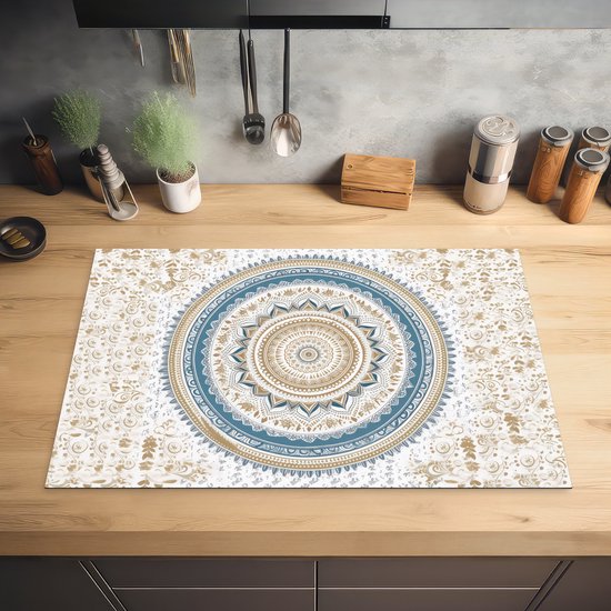 KitchenYeah® Inductie beschermer 81.6x52.7 cm - Mandala - Blauw - Bohemian - Wit - Design - Kookplaataccessoires - Afdekplaat voor kookplaat - Inductiebeschermer - Inductiemat - Inductieplaat mat